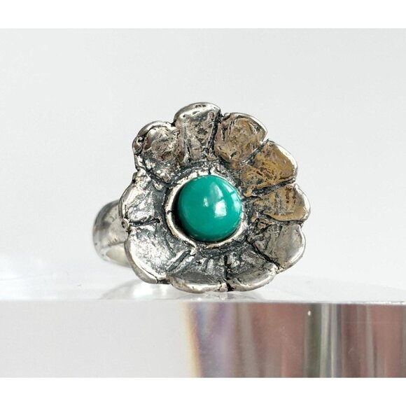 Sleeping Beauty Turquoise Petaled Sterling Floral Southwest Vintage Ring - sz 5 - Picture 1 of 10